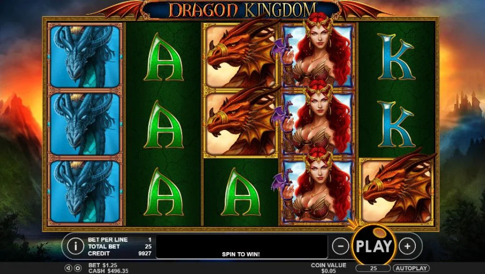 Dragon Kingdom Slot reels featuring majestic dragons and fierce warriors in a mystical landscape.