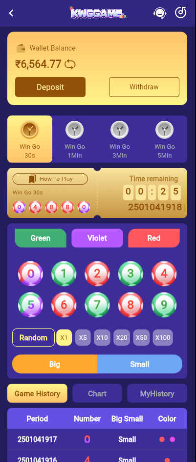 Wingo Game interface on KWG platform showing wallet balance, betting options, countdown timer, and results