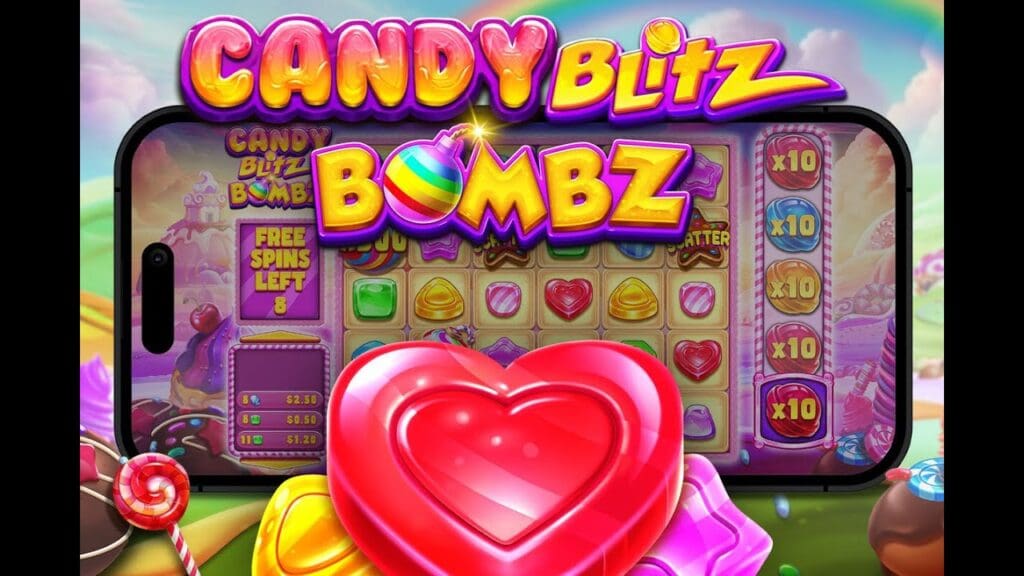 Candy Blitz Bombs Slot game screen featuring colorful candies and cascading reels.