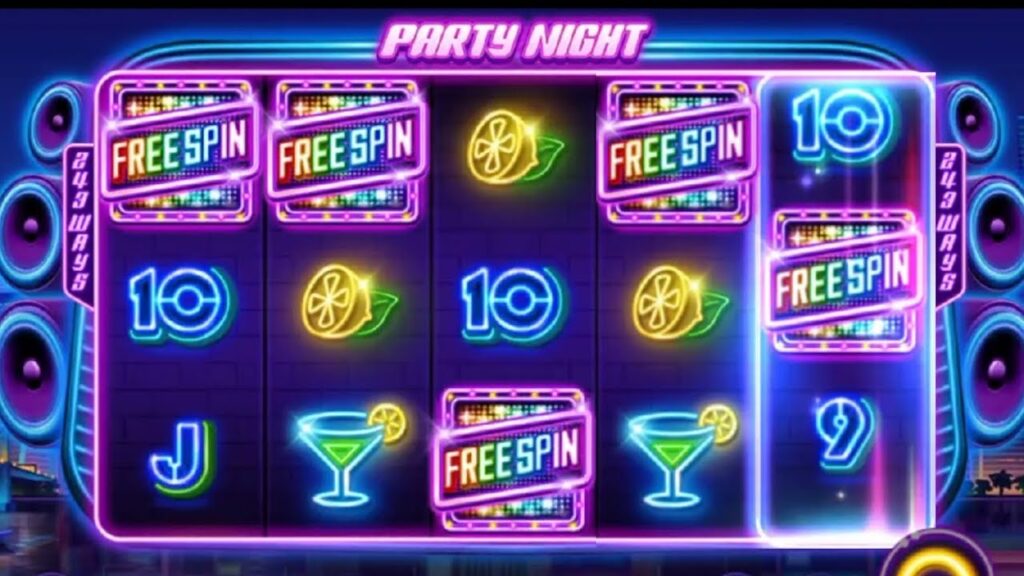 Party Night slot game by JILI featuring vibrant party symbols like disco balls, cocktails, and confetti.